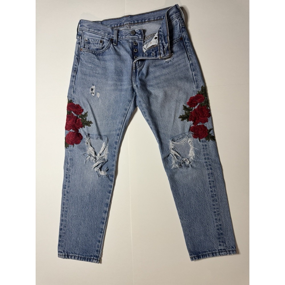 Levis 501T Womens Jeans Blue W25 L26 Floral Embroidered Regular Fit Straight Leg